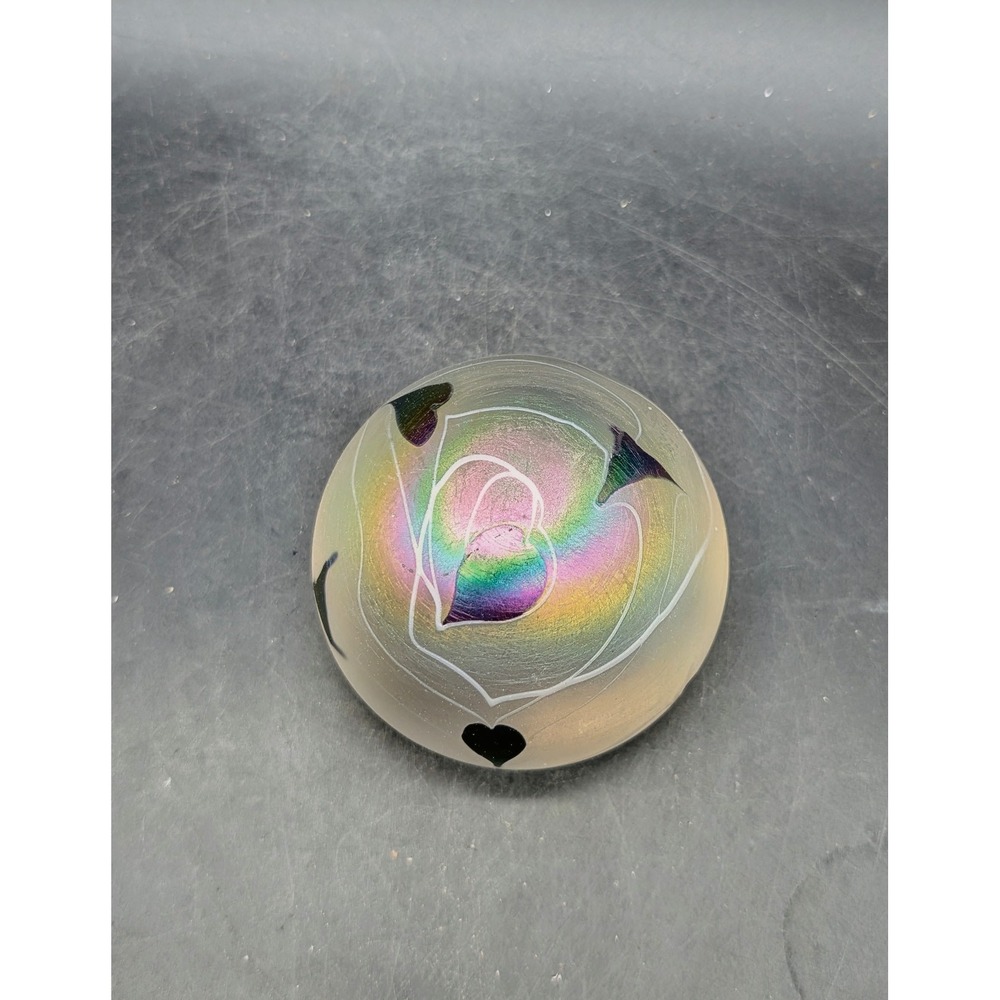 Artisan Iridescent Frosted Glass Paperweight‎ Heart Vine Rainbow Art Glass 3"